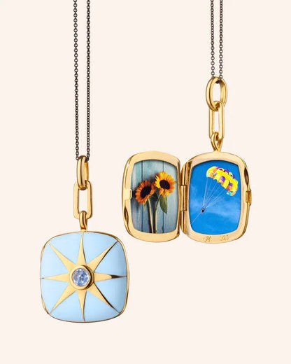 MRK Blue Enamel Sterling Silver & Gold Vermeil Locket Necklace W/ Blue Sapphire