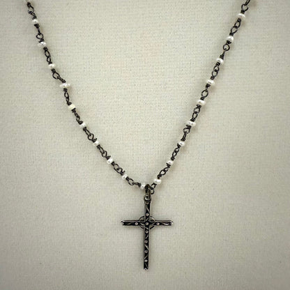 AB-N Sterling Mimi Cross on Pearl Rosary Chain