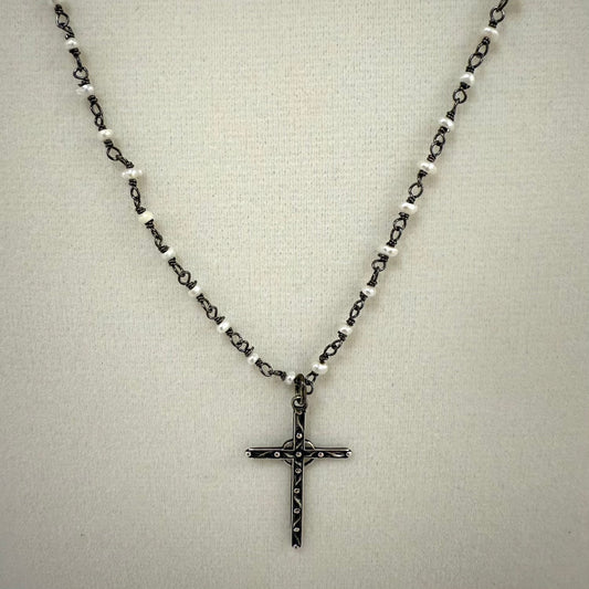 AB-N Sterling Mimi Cross on Pearl Rosary Chain