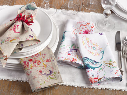 Watercolor Floral Linen Napkin - White