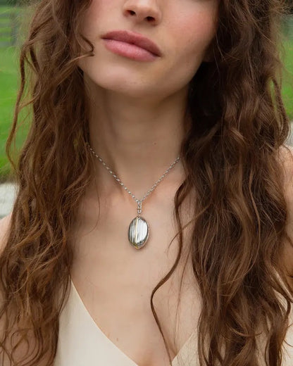 MRK Two-Tone 4 Image Sterling Silver Pinstripe Locket Necklace