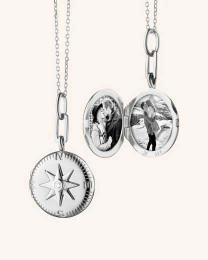 MRK "Adventure" Compass Sterling Silver Locket Necklace W/ White Sapphire 18"