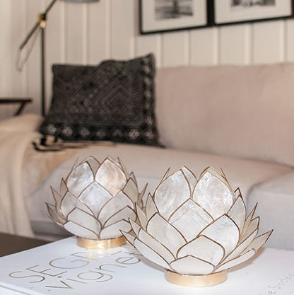 DEK Capiz Shell Double Lotus Candleholder 6" Natural & Gold