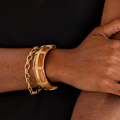CDW B Gaia - Hinged Bangle in Teak & Gold - M/L