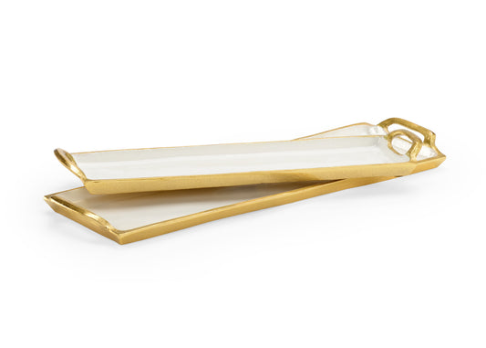White Enameled Tray With Metallic Gold And Handles Small