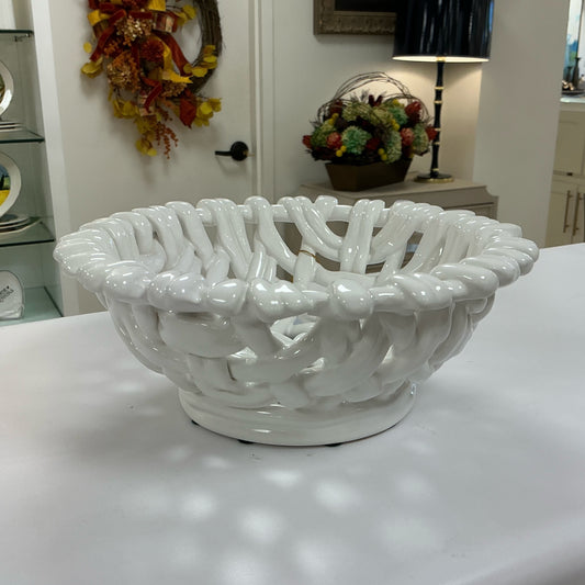 Hand Woven Ceramic Small Round Basket - White