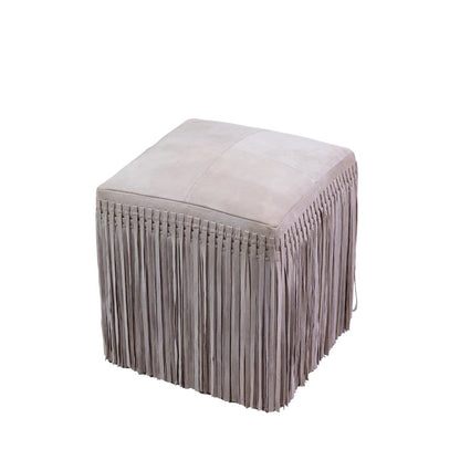 Bone Suede Fringe Square Ottoman 18x18