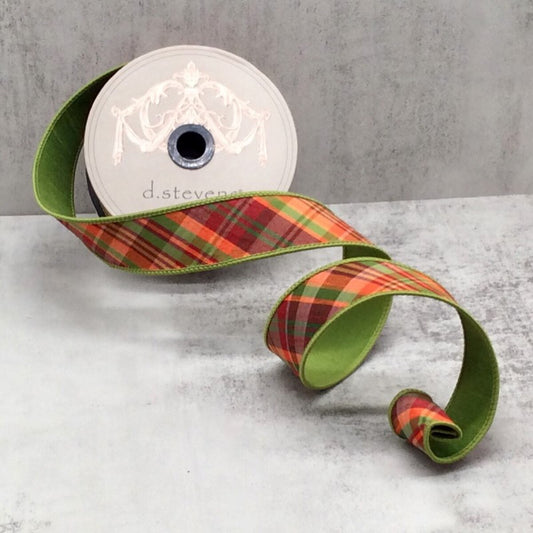 D.S 1.5" X 10Yds Dupion Diagonal Autumn Plaid Ribbon - Orange, Burgundy, Green