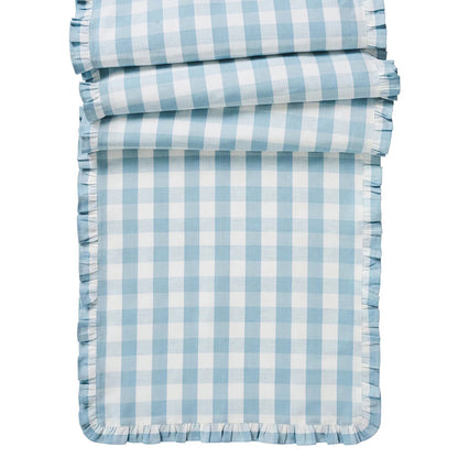 Gingham Ruffle Table Runner - Ocean - 18" X 90"
