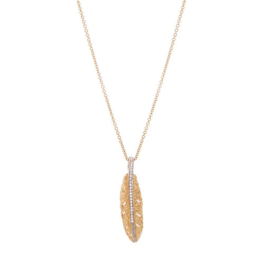 Yellow Gold Feather Pendant Necklace with Diamonds 16-18"