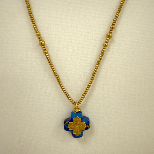 AB-N Tiny Cross on Blue Jasper with Seed Beads
