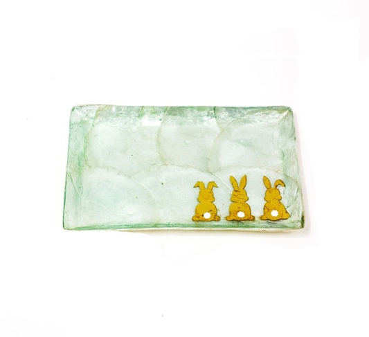 Capiz Rectangular Tray with Gold Bunnies 6" - Mint Green