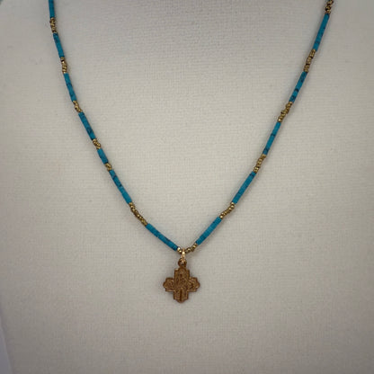 AB-N Tiny 4 Way Cross with Turq Tube Beads