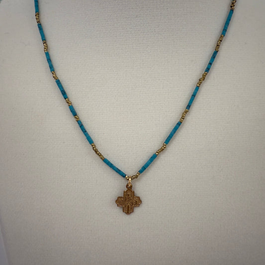 AB-N Tiny 4 Way Cross with Turq Tube Beads