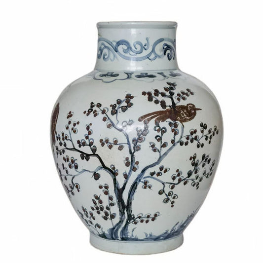 LOA B&W Magpie on Plum Tree Porcelain Jar 17" (1254A)