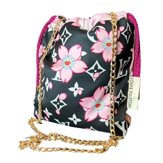 LV Monogram Flower Vintage Silk Scarf Drawstring Crossbody Bag