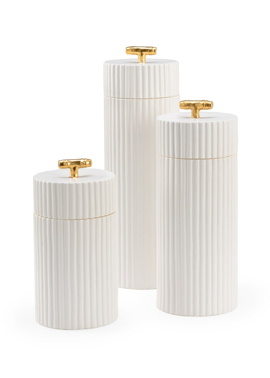 White Ceramic Canister With Metallic Gold Bamboo Handles Medium