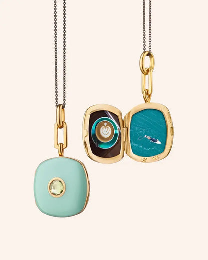 MRK Green Enamel Sterling Silver & Gold Vermeil Cushion Locket Necklace W/Green Sapphire