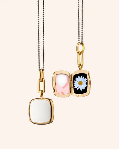 MRK White Enamel Vermeil Sterling Silver & Gold Cushion Locket Necklace