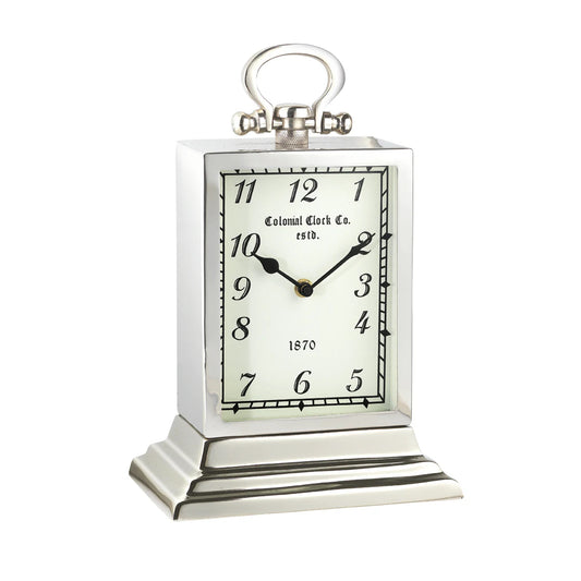 Colonial Clock Co. Handled Nickle Clock 13"