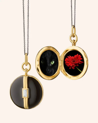 MRK Black Enamel Sterling Silver & Gold Locket Necklace W/ White Sapphire