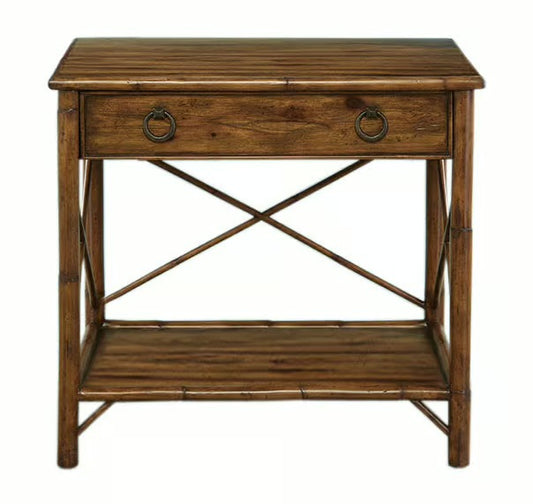 PTE Knotty Pecan & Rattan One Drawer Side Table 28x17x27.5