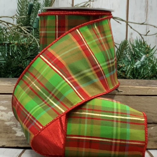 D.S 4" X 10Yds  Michigan Avenue Plaid Ribbon - Red/Green