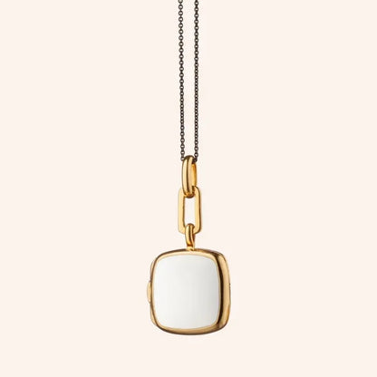 MRK White Enamel Vermeil Sterling Silver & Gold Cushion Locket Necklace