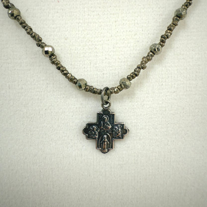 AB-N Tiny Sterling Cross on Pyrite & Dark Heishi