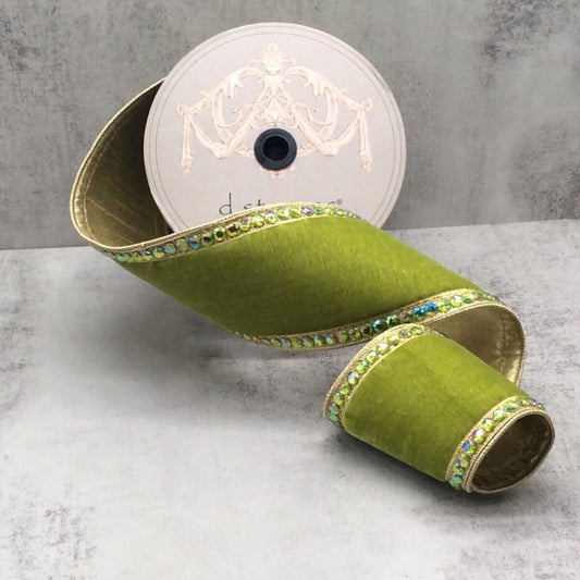 Lime Velvet Ribbon with Matching Jewel Side Trim Gold Back 4" x 5yds
