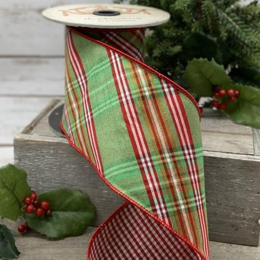Faux Dupion North Pole Diagonal Plaid Green/Pink with Red Check Back 4" x 10yds