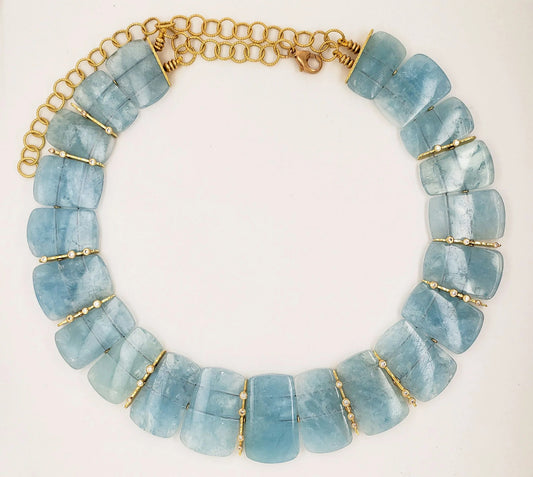 Long Aquamarine Necklace with Graduated Beads & 18kt Gold 19.25"