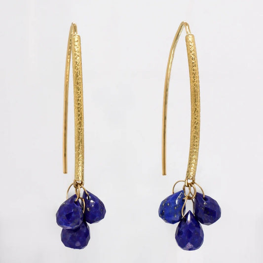 Navette Wire Earrings in 18kt Gold with 6 Lapis Briolette Drops