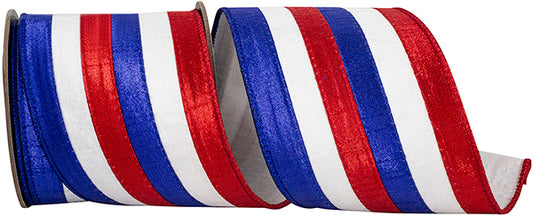 4" X 5Yds - Patriotic Metallic Stripes Dupioni Wired Edge - Red/White/Blue