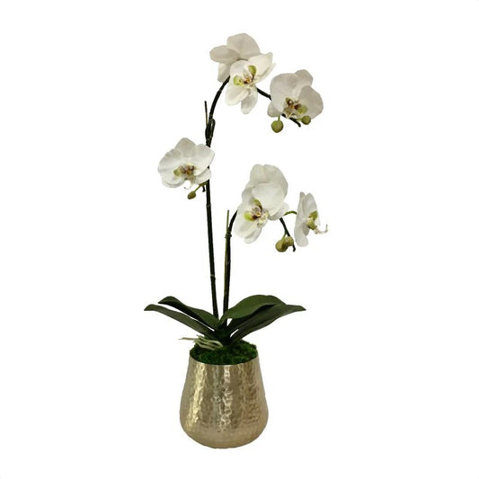 Artificial White & Green Double Orchid in Gold Metal Vase