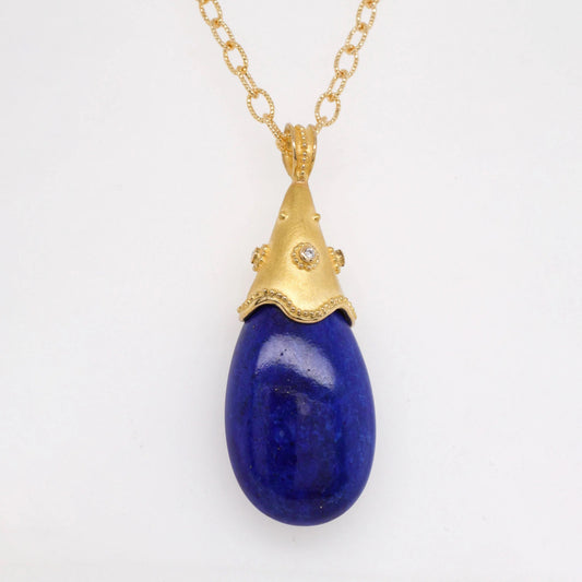 Large Lapis Drop Pendant with Granulation and Diamonds