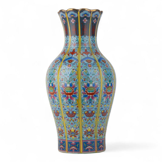 Blue Painted Striped Vase - Lotus - 13.75"H
