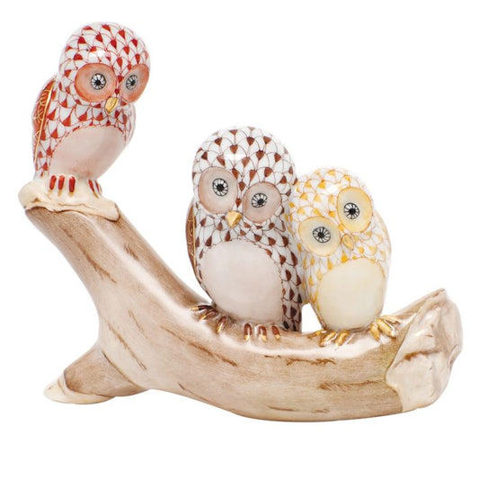 HND Figurine - Owls on Branch - Rust-Chocolate-Butterscotch