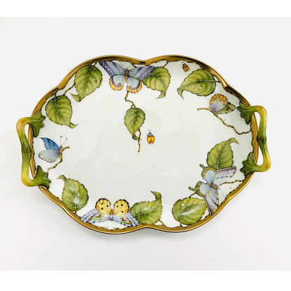 Handpainted Large Tray with Handles - Green Leaf 12"