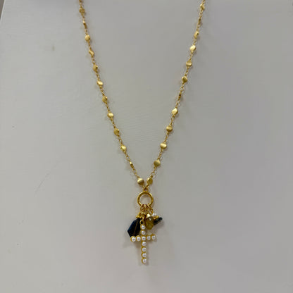GDS Necklace - Long/Short Dot Chain with Lab Drops & Pearl Cross