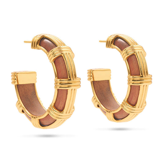 Gaia - Cage Hoop Earrings in Teak & Gold