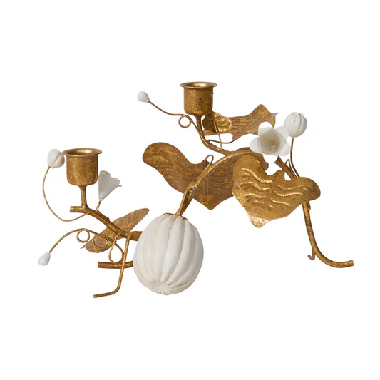Forest Walk Pumpkin & Vine Double Candlestick Holder - Gold 11"