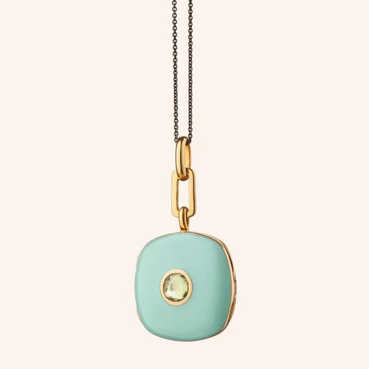 MRK Green Enamel Sterling Silver & Gold Vermeil Cushion Locket Necklace W/Green Sapphire