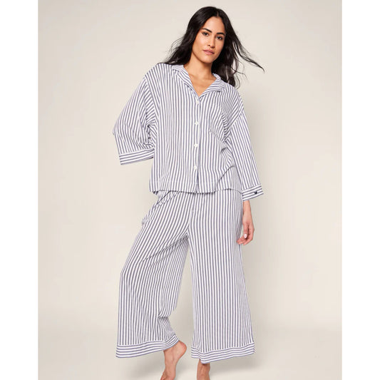 The Olivia Wide Leg PJ Set - Navy French Ticking