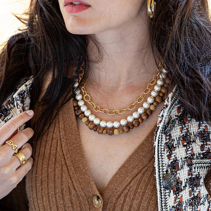 CDW N Earth Goddess - Teak & Pearl Multi Strand Necklace