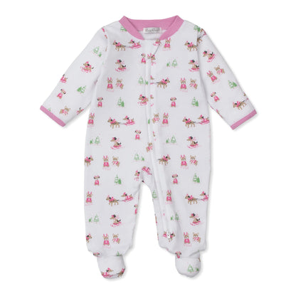 Puppy's Sleigh Riding Fun - Pink - Zip Footie
