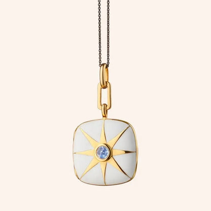 MRK White Enamel Sterling Silver & Gold Vermeil Locket Necklace W/Blue Sapphire