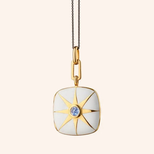 MRK White Enamel Sterling Silver & Gold Vermeil Locket Necklace W/Blue Sapphire