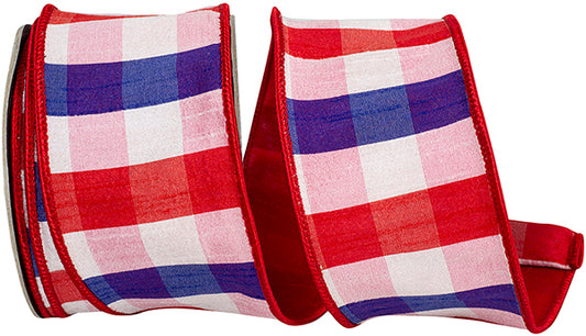 2.5" X 10Yd Patriotic Dupioni Plaid Ribbon - Red, White & Blue