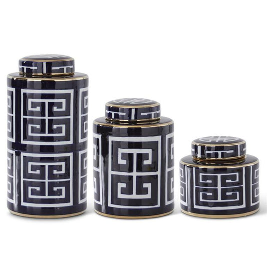 KKI Blue & White w/Gold Greek Key Lidded Porcelain Containers - Set/3